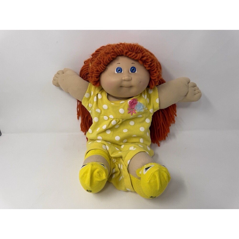 Vintage Cabbage Patch Kids Doll Red Yarn Hair Blue Eyes Yellow Outfit